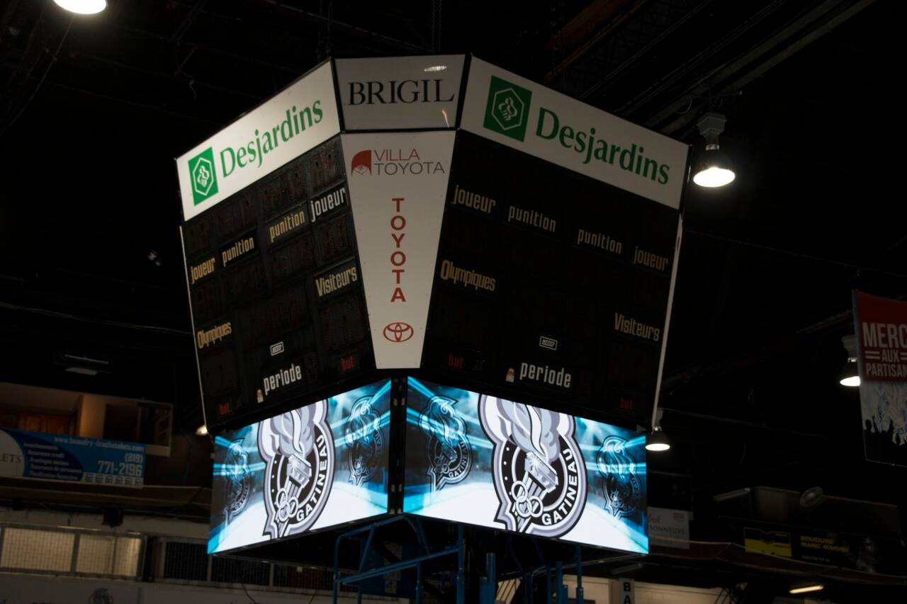 Sports arena centre LED digital score board at the Olympique in Gatineau